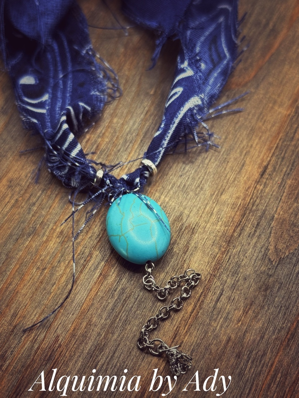 Turquoise Stone Pendant Necklace with Navy Ribbon